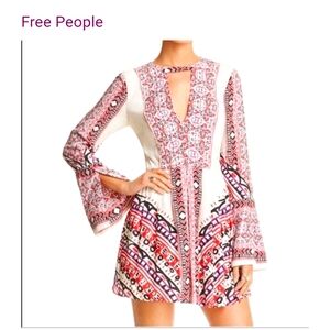 Free People Tegan Boho Mini Dress Cutouts White Pink Flare Sleeves Size 6